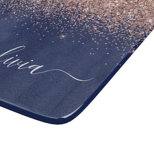 Navy Blue Rose Gold Blush Pink Glitzer Monogram Schneidebrett (Ecke)