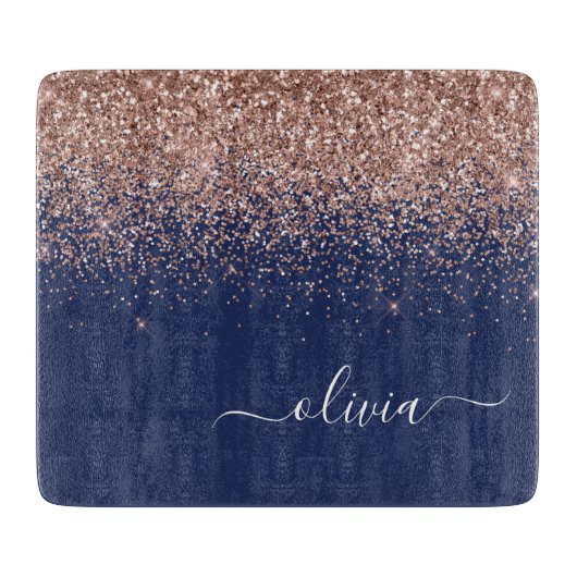 Navy Blue Rose Gold Blush Pink Glitzer Monogram Schneidebrett (Vorderseite)