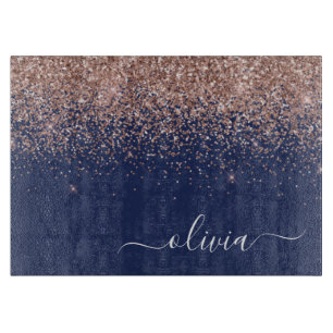 Navy Blue Rose Gold Blush Pink Glitzer Monogram Schneidebrett