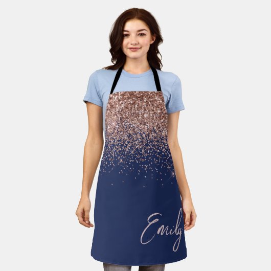 Navy Blue Rose Gold Blush Pink Glitzer Monogram Schürze (Getragen)