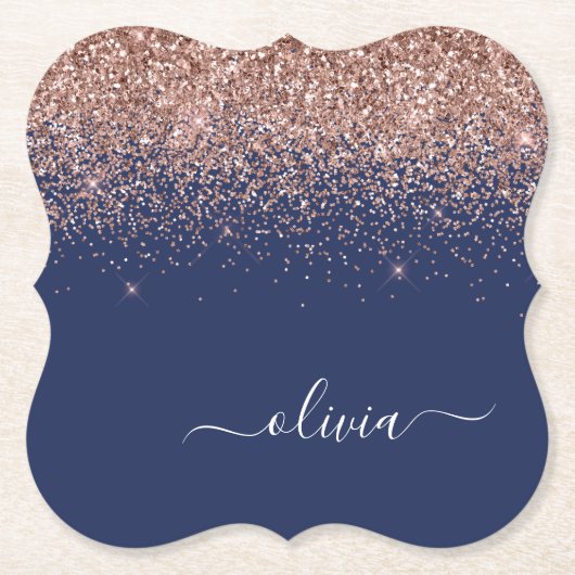 Navy Blue Rose Gold Blush Pink Glitzer Monogram Untersetzer (Vorderseite)