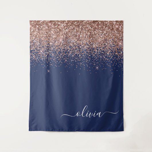 Navy Blue Rose Gold Blush Pink Glitzer Monogram Wandteppich (Vorderseite)