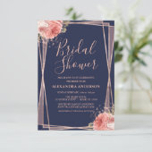 Navy Blue Rose Gold Floral Brautparty Einladung (Stehend Vorderseite)