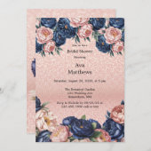Navy Blue & Rose Gold Floral Brautparty Einladung (Vorne/Hinten)