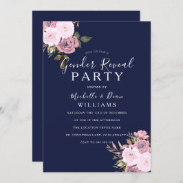 Navy Blue & Rose Gold Floral Gender Reveal Party Einladung