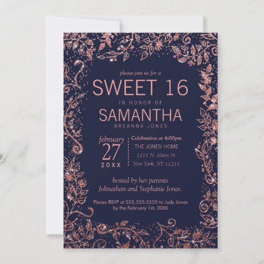 Navy Blue Rose Gold Floral Glitzer Sweet 16 Einladung (Vorderseite)