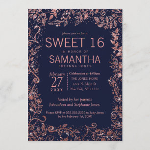 Navy Blue Rose Gold Floral Glitzer Sweet 16 Einladung