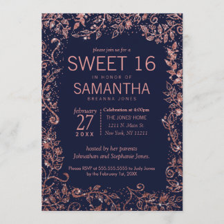 Navy Blue Rose Gold Floral Glitzer Sweet 16 Einladung