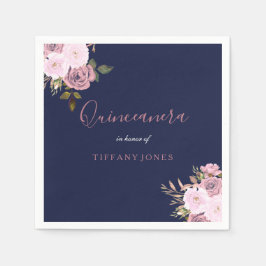 Navy Blue & Rose Gold Floral Quinceanera Party Serviette