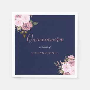 Navy Blue & Rose Gold Floral Quinceanera Party Serviette