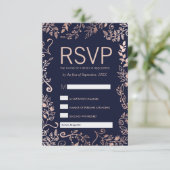 Navy Blue Rose Gold Floral UAWG und Song Anfrage RSVP Karte (Stehend Vorderseite)