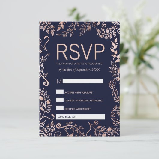 Navy Blue Rose Gold Floral UAWG und Song Anfrage RSVP Karte (Stehend Vorderseite)