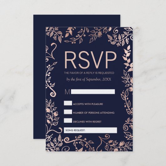 Navy Blue Rose Gold Floral UAWG und Song Anfrage RSVP Karte (Vorne/Hinten)