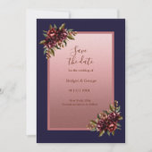 Navy Blue Rose Gold Floral wedding Save the Date Einladung (Vorderseite)