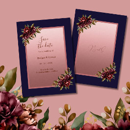 Navy Blue Rose Gold Floral wedding Save the Date Einladung