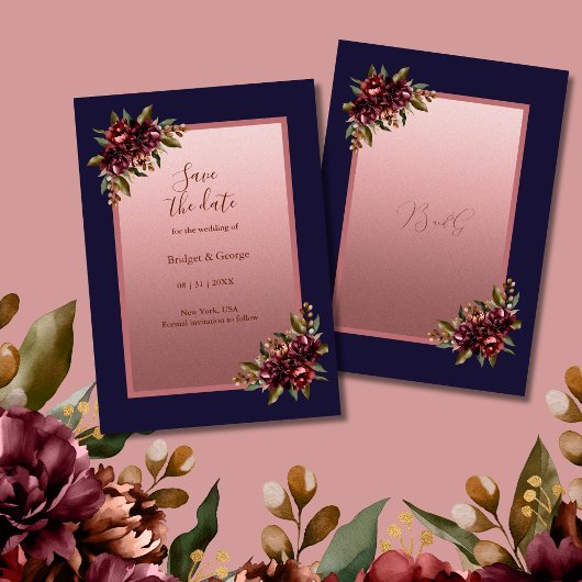 Navy Blue Rose Gold Floral wedding Save the Date Einladung