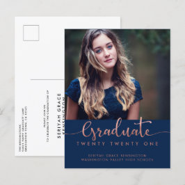 Navy Blue Rose Gold Foil Abschluss Script Foto Ankündigungspostkarte