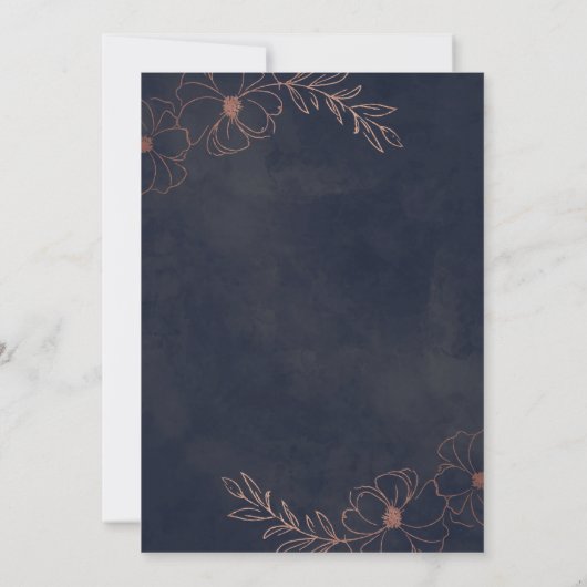 Navy Blue & Rose Gold Foil Blume Gerahmte Hochzeit Einladung (Rückseite)