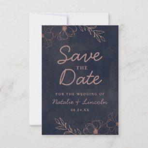 Navy Blue & Rose Gold Foil Border Rustikal Save The Date