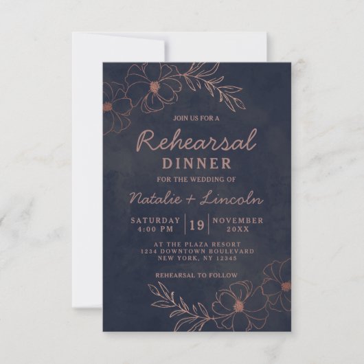 Navy Blue & Rose Gold Foil Chic Probe Dinner Einladung (Vorderseite)