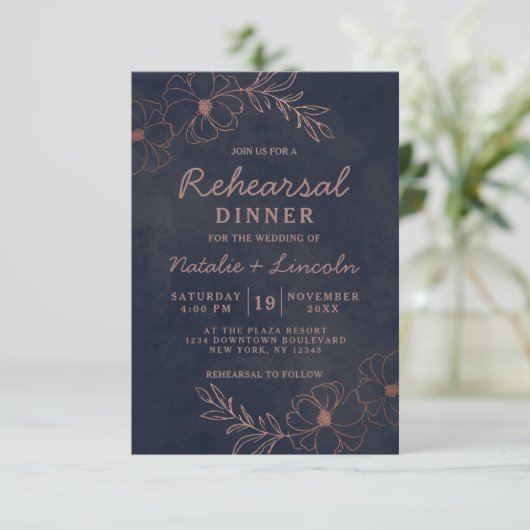 Navy Blue & Rose Gold Foil Chic Probe Dinner Einladung (Stehend Vorderseite)