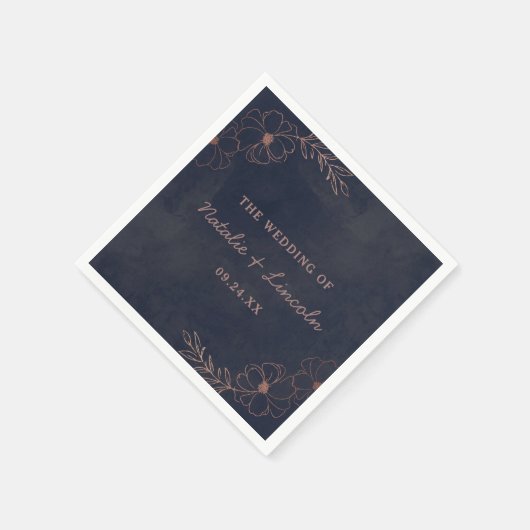 Navy Blue & Rose Gold Foil Chic Wedding Monogram Serviette (Ecke)