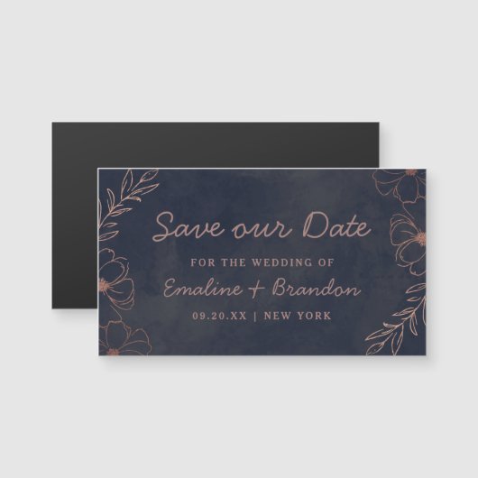 Navy Blue & Rose Gold Foil Floral Rettete unser Da Magnetkarte (Vorne/Hinten)