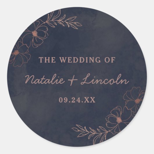 Navy Blue & Rose Gold Foil Monogram Rustic Wedding Runder Aufkleber (Vorderseite)