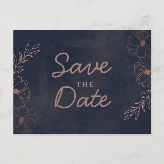 Navy Blue & Rose Gold Foil Rustikal Save the Date Ankündigungspostkarte (Vorderseite)