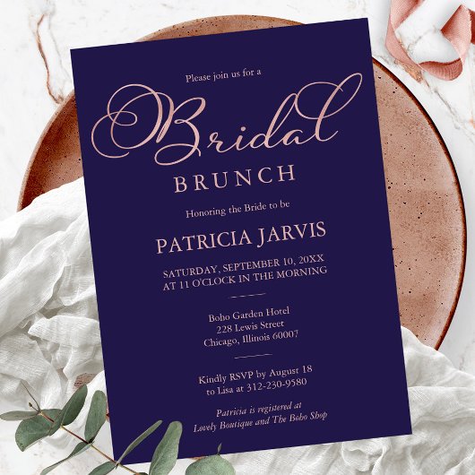 Navy Blue Rose Gold Foil Script Bridal Brunch Einladung
