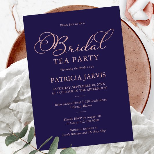 Navy Blue Rose Gold Foil Script Bridal Tee Party Einladung