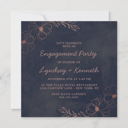 Navy Blue & Rose Gold Foil Square Engagement Party Einladung (Vorderseite)