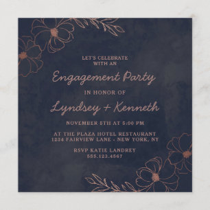 Navy Blue & Rose Gold Foil Square Engagement Party Einladung