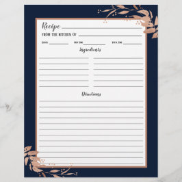Navy Blue Rose Gold Foliage Recipi Binder Page
