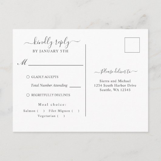 Navy Blue Rose Gold Foliage Wedding RSVP Postcard Postkarte (Rückseite)