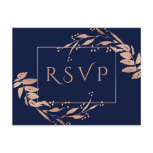 Navy Blue Rose Gold Foliage Wedding RSVP Postcard