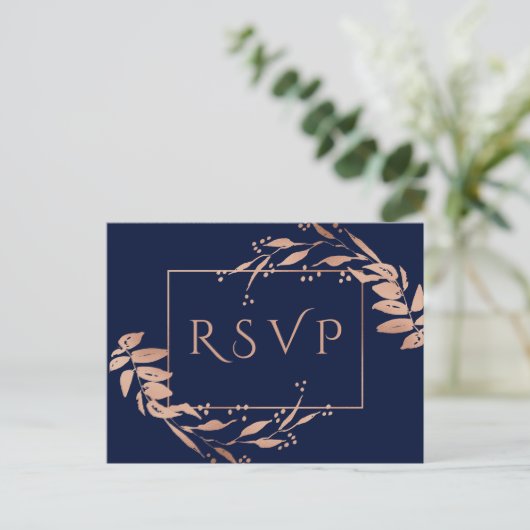 Navy Blue Rose Gold Foliage Wedding RSVP Postcard Postkarte (Stehend Vorderseite)