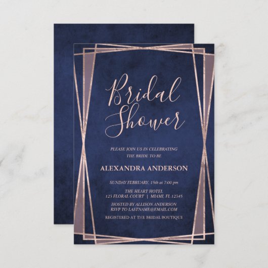 Navy Blue Rose Gold Geometric Brautparty Einladung (Vorne/Hinten)