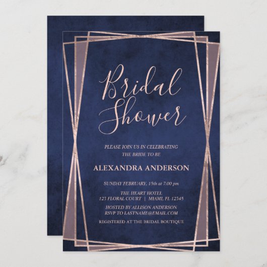 Navy Blue Rose Gold Geometric Brautparty Einladung (Vorne/Hinten)