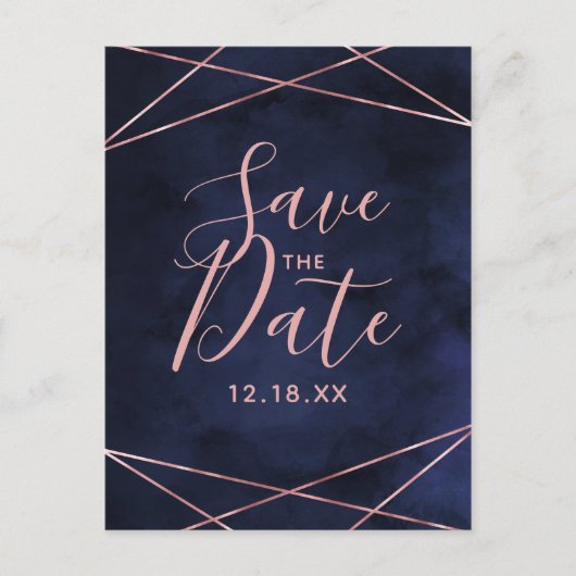 Navy Blue & Rose Gold Geometric Save the Date Ankündigungspostkarte (Vorderseite)