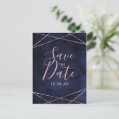 Navy Blue & Rose Gold Geometric Save the Date Ankündigungspostkarte (Stehend Vorderseite)