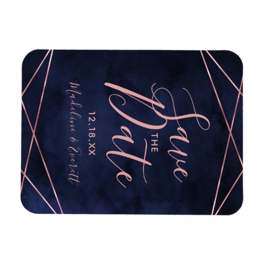 Navy Blue & Rose Gold Geometric Save the Date Magnet (Horizontal)