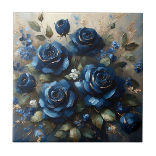 Navy Blue Rose Gold Gilding Impressionist Art Fliese (Vorderseite)