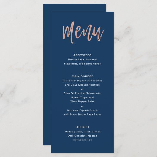 Navy Blue & Rose Gold Glam Chic Wedding Menu Menükarte (Vorne/Hinten)