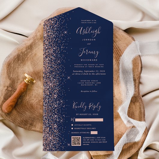 Navy Blue Rose Gold Glitter QR Code Wedding All In One Einladung