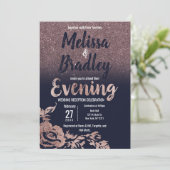 Navy Blue Rose Gold Glitzer Floral Abend Einladung (Stehend Vorderseite)