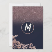 Navy Blue Rose Gold Glitzer Floral Abend Einladung (Rückseite)