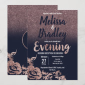 Navy Blue Rose Gold Glitzer Floral Abend Einladung (Vorne/Hinten)