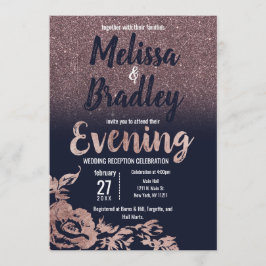 Navy Blue Rose Gold Glitzer Floral Abend Einladung
