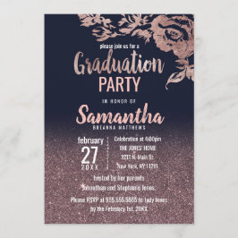 Navy Blue Rose Gold Glitzer Floral Abschluss Einladung